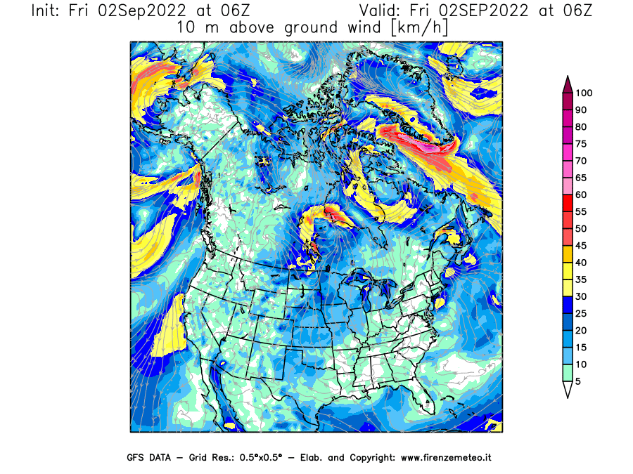 GFS analysi map - Wind Speed at 10 m above ground [km/h] in North America
									on 02/09/2022 06 <!--googleoff: index-->UTC<!--googleon: index-->