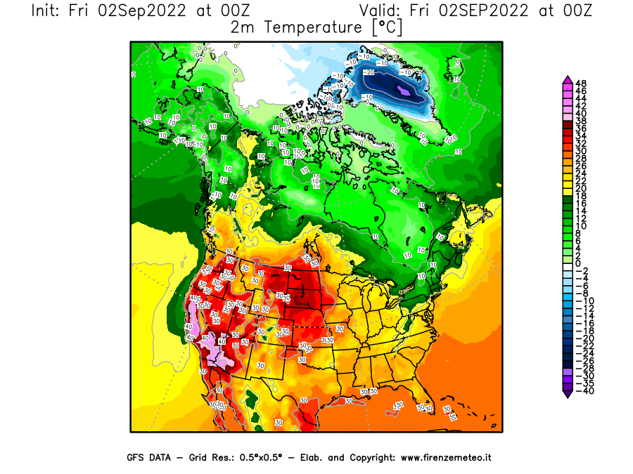 GFS analysi map - Temperature at 2 m above ground [°C] in North America
									on 02/09/2022 00 <!--googleoff: index-->UTC<!--googleon: index-->