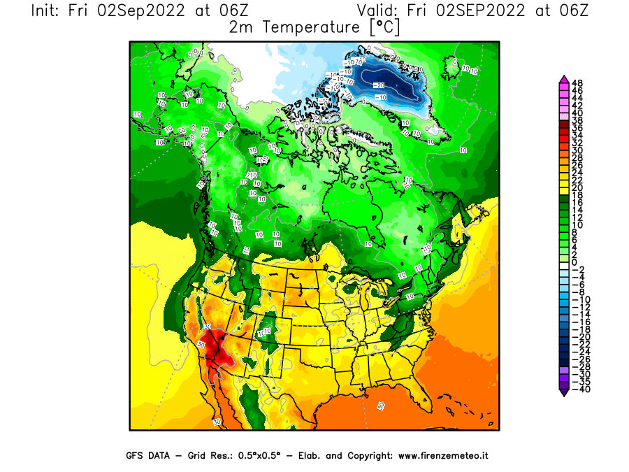 GFS analysi map - Temperature at 2 m above ground [°C] in North America
									on 02/09/2022 06 <!--googleoff: index-->UTC<!--googleon: index-->