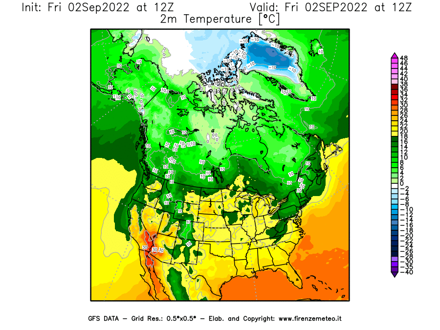 GFS analysi map - Temperature at 2 m above ground [°C] in North America
									on 02/09/2022 12 <!--googleoff: index-->UTC<!--googleon: index-->