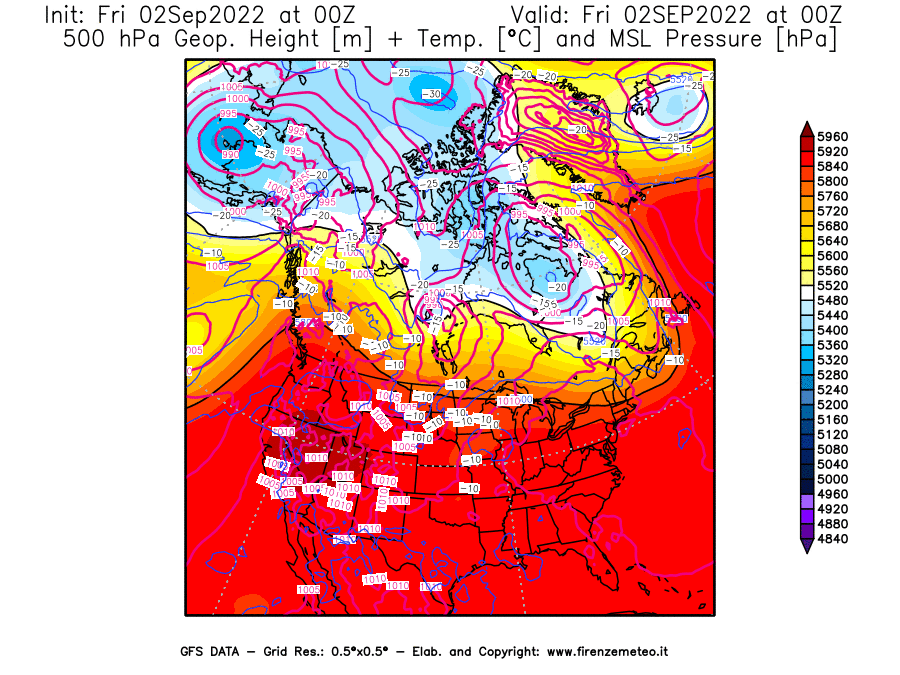 GFS analysi map - Geopotential [m] + Temp. [°C] at 500 hPa + Sea Level Pressure [hPa] in North America
									on 02/09/2022 00 <!--googleoff: index-->UTC<!--googleon: index-->