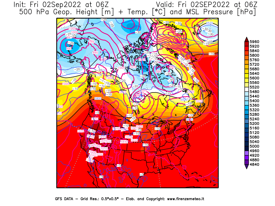 GFS analysi map - Geopotential [m] + Temp. [°C] at 500 hPa + Sea Level Pressure [hPa] in North America
									on 02/09/2022 06 <!--googleoff: index-->UTC<!--googleon: index-->
