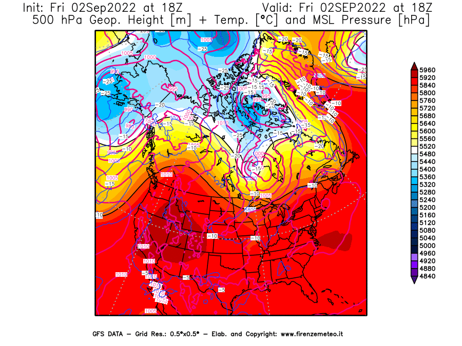 GFS analysi map - Geopotential [m] + Temp. [°C] at 500 hPa + Sea Level Pressure [hPa] in North America
									on 02/09/2022 18 <!--googleoff: index-->UTC<!--googleon: index-->