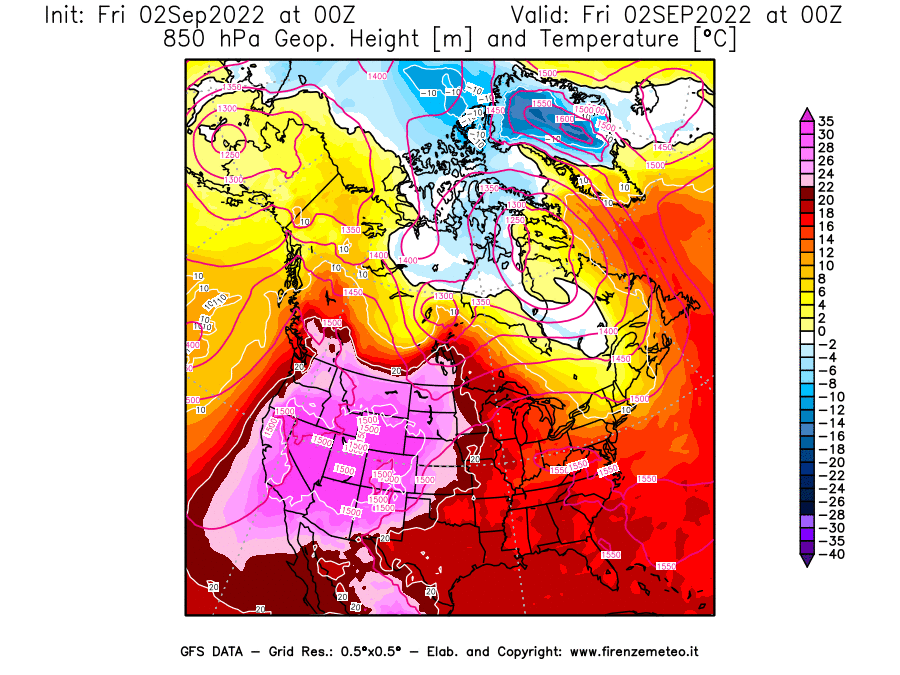 GFS analysi map - Geopotential [m] and Temperature [°C] at 850 hPa in North America
									on 02/09/2022 00 <!--googleoff: index-->UTC<!--googleon: index-->