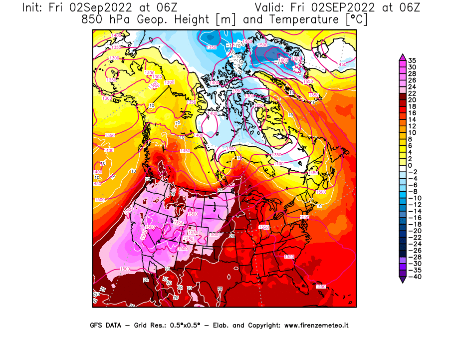 GFS analysi map - Geopotential [m] and Temperature [°C] at 850 hPa in North America
									on 02/09/2022 06 <!--googleoff: index-->UTC<!--googleon: index-->