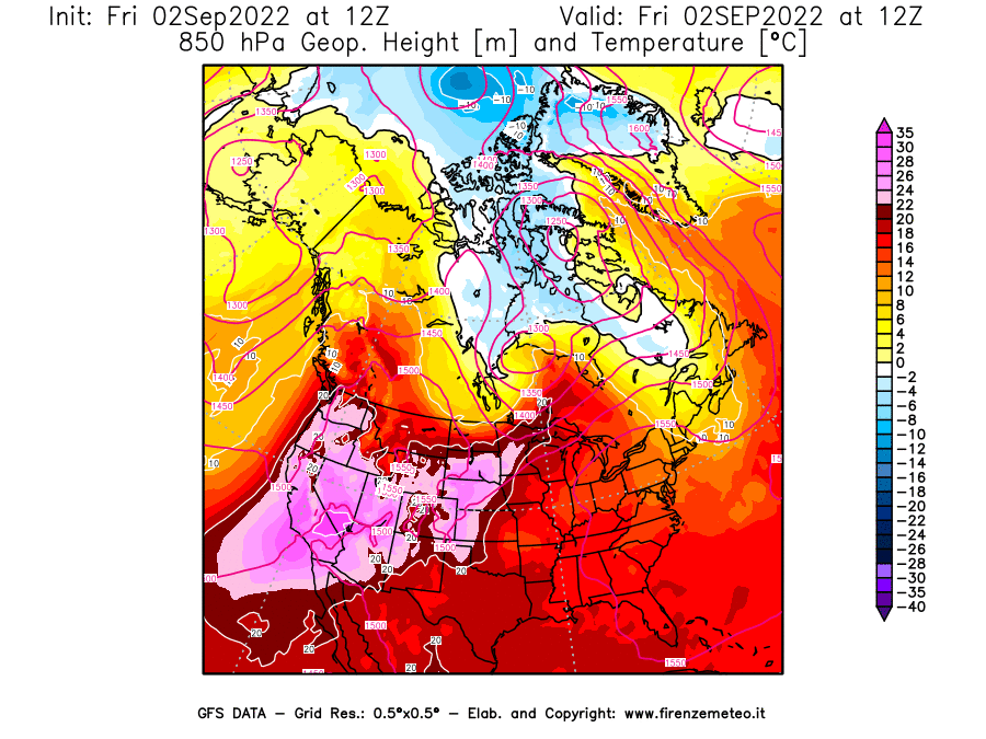 GFS analysi map - Geopotential [m] and Temperature [°C] at 850 hPa in North America
									on 02/09/2022 12 <!--googleoff: index-->UTC<!--googleon: index-->