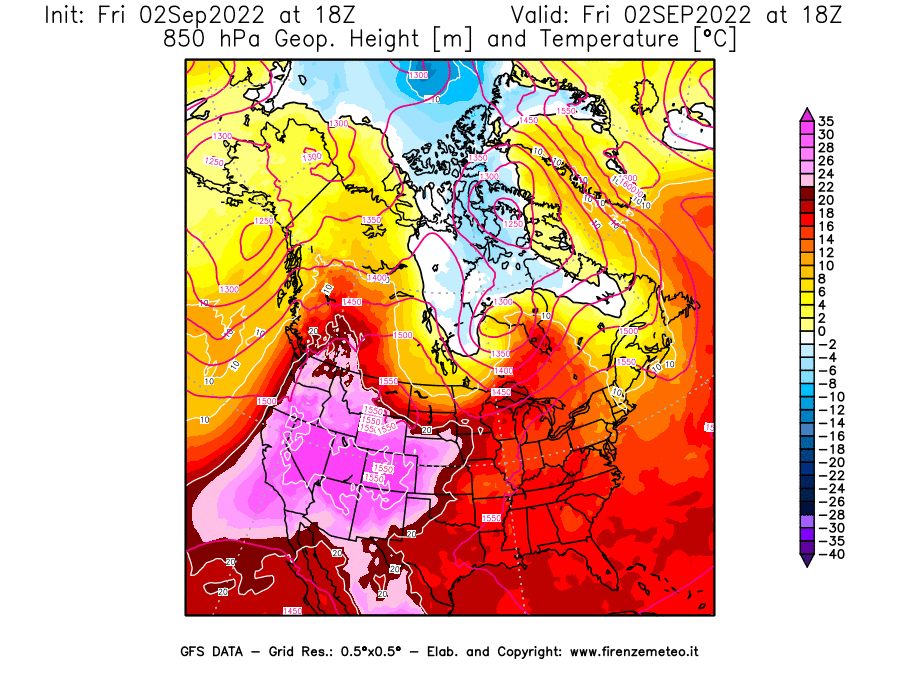 GFS analysi map - Geopotential [m] and Temperature [°C] at 850 hPa in North America
									on 02/09/2022 18 <!--googleoff: index-->UTC<!--googleon: index-->