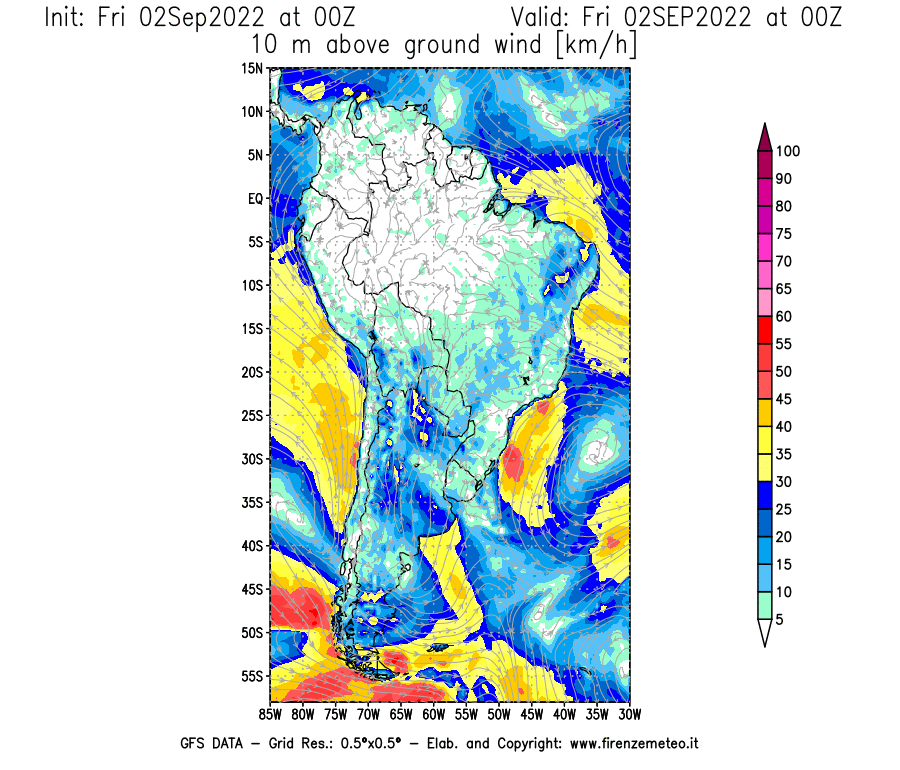 GFS analysi map - Wind Speed at 10 m above ground [km/h] in South America
									on 02/09/2022 00 <!--googleoff: index-->UTC<!--googleon: index-->