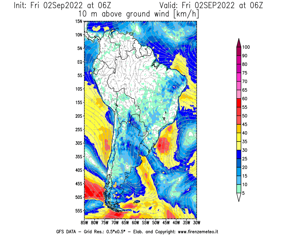 GFS analysi map - Wind Speed at 10 m above ground [km/h] in South America
									on 02/09/2022 06 <!--googleoff: index-->UTC<!--googleon: index-->