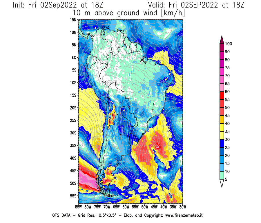 GFS analysi map - Wind Speed at 10 m above ground [km/h] in South America
									on 02/09/2022 18 <!--googleoff: index-->UTC<!--googleon: index-->
