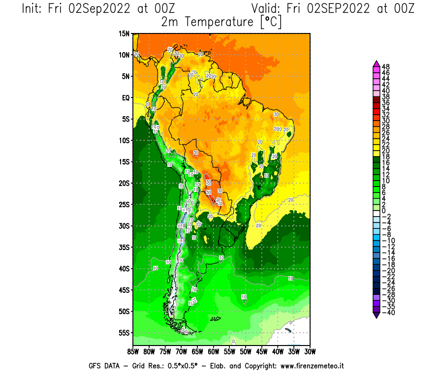 GFS analysi map - Temperature at 2 m above ground [°C] in South America
									on 02/09/2022 00 <!--googleoff: index-->UTC<!--googleon: index-->