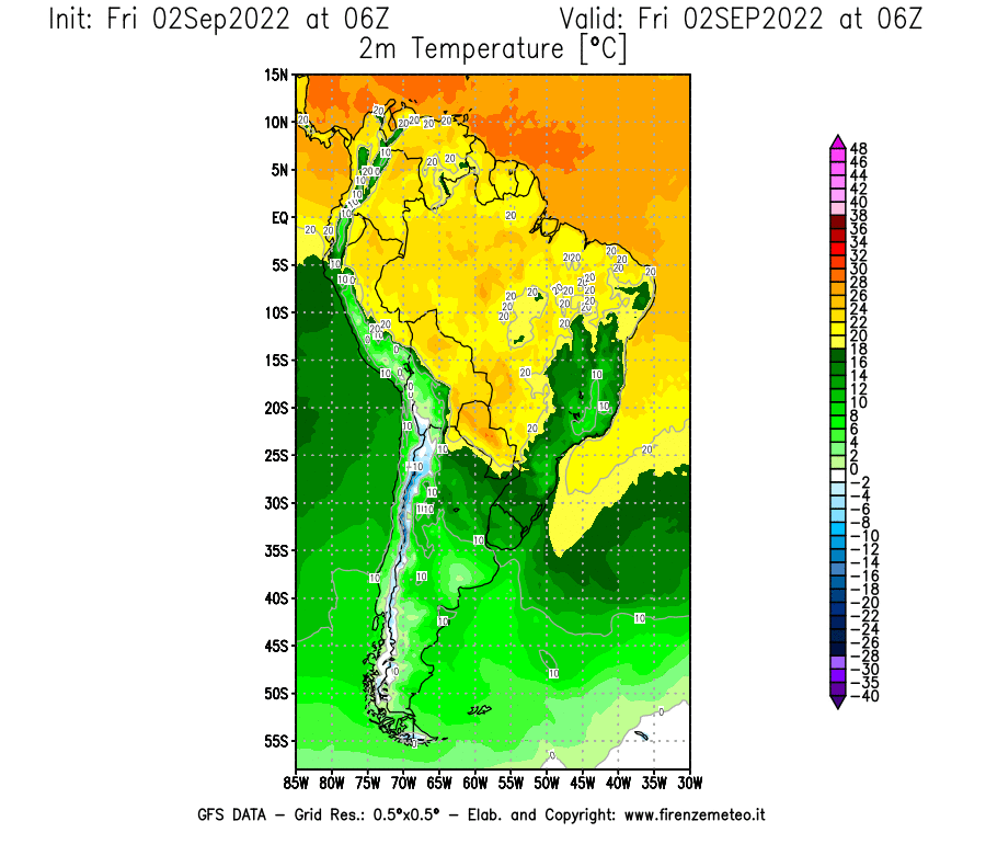 GFS analysi map - Temperature at 2 m above ground [°C] in South America
									on 02/09/2022 06 <!--googleoff: index-->UTC<!--googleon: index-->