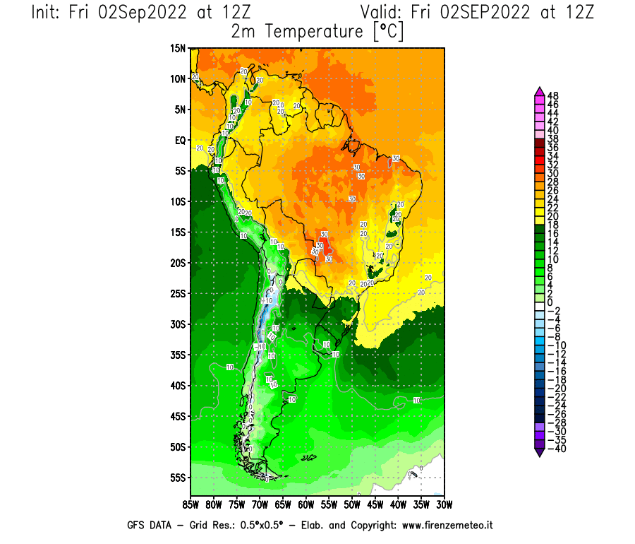 GFS analysi map - Temperature at 2 m above ground [°C] in South America
									on 02/09/2022 12 <!--googleoff: index-->UTC<!--googleon: index-->