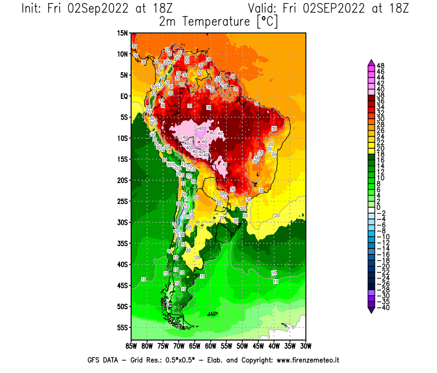 GFS analysi map - Temperature at 2 m above ground [°C] in South America
									on 02/09/2022 18 <!--googleoff: index-->UTC<!--googleon: index-->