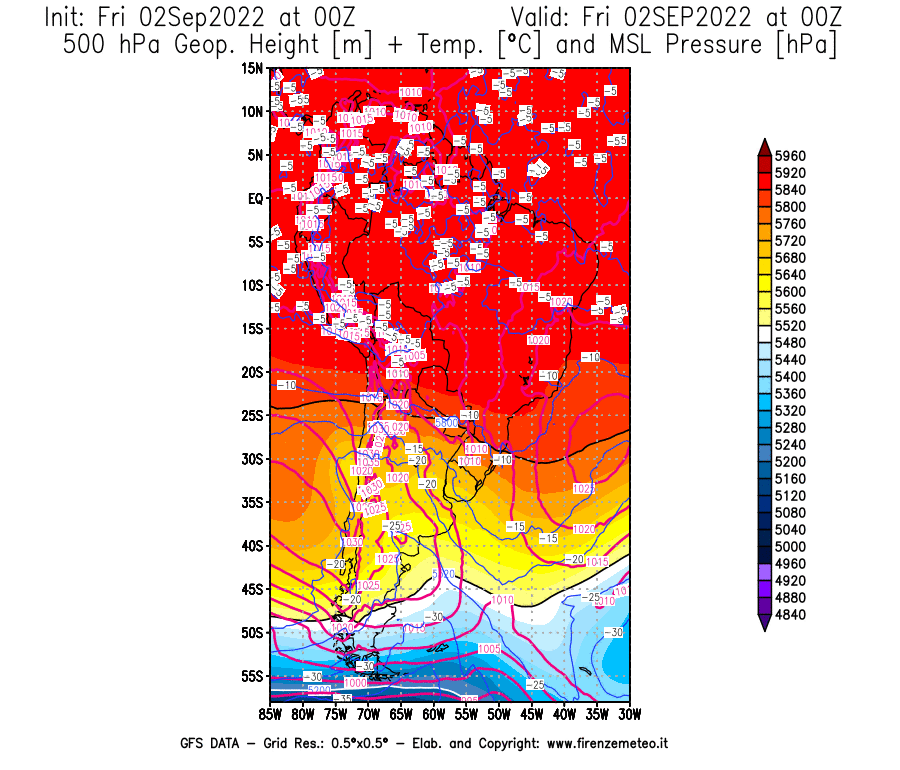 GFS analysi map - Geopotential [m] + Temp. [°C] at 500 hPa + Sea Level Pressure [hPa] in South America
									on 02/09/2022 00 <!--googleoff: index-->UTC<!--googleon: index-->