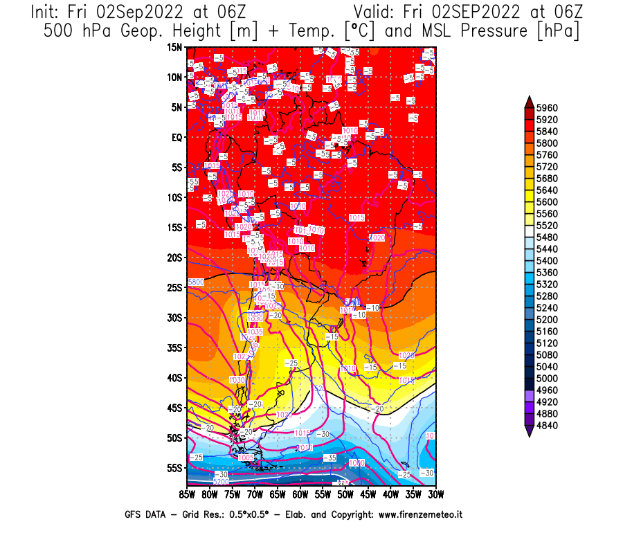 GFS analysi map - Geopotential [m] + Temp. [°C] at 500 hPa + Sea Level Pressure [hPa] in South America
									on 02/09/2022 06 <!--googleoff: index-->UTC<!--googleon: index-->