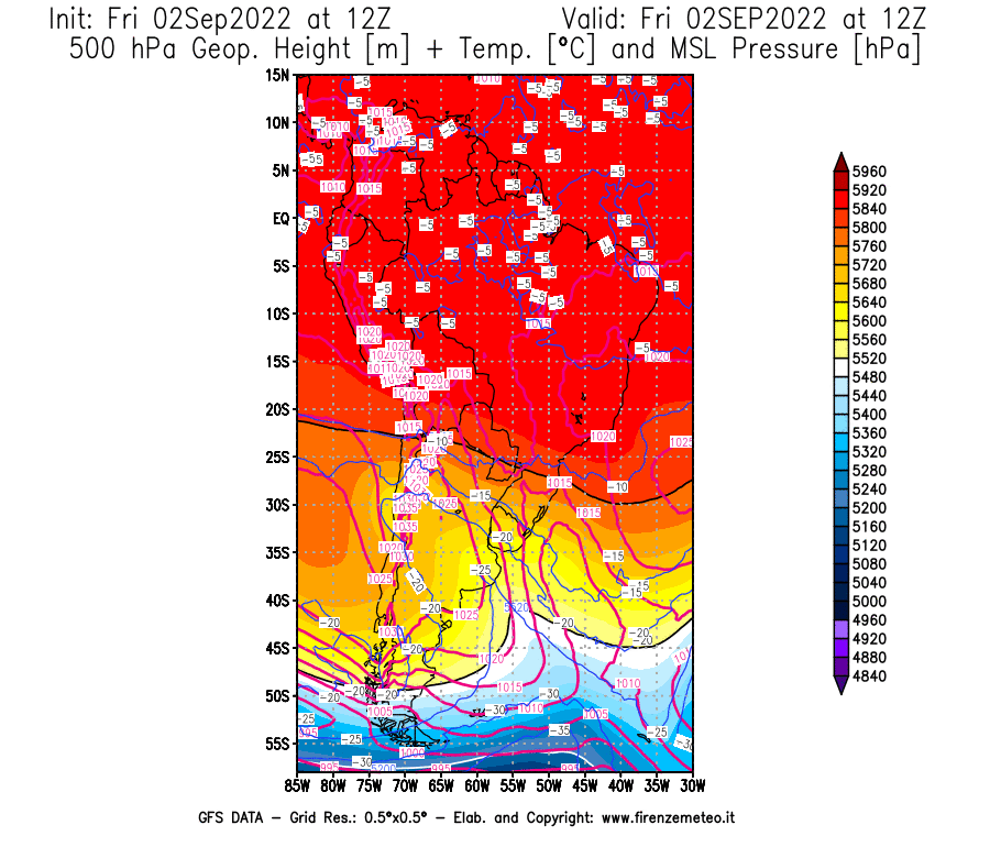 GFS analysi map - Geopotential [m] + Temp. [°C] at 500 hPa + Sea Level Pressure [hPa] in South America
									on 02/09/2022 12 <!--googleoff: index-->UTC<!--googleon: index-->