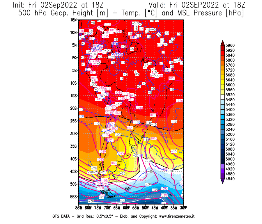 GFS analysi map - Geopotential [m] + Temp. [°C] at 500 hPa + Sea Level Pressure [hPa] in South America
									on 02/09/2022 18 <!--googleoff: index-->UTC<!--googleon: index-->