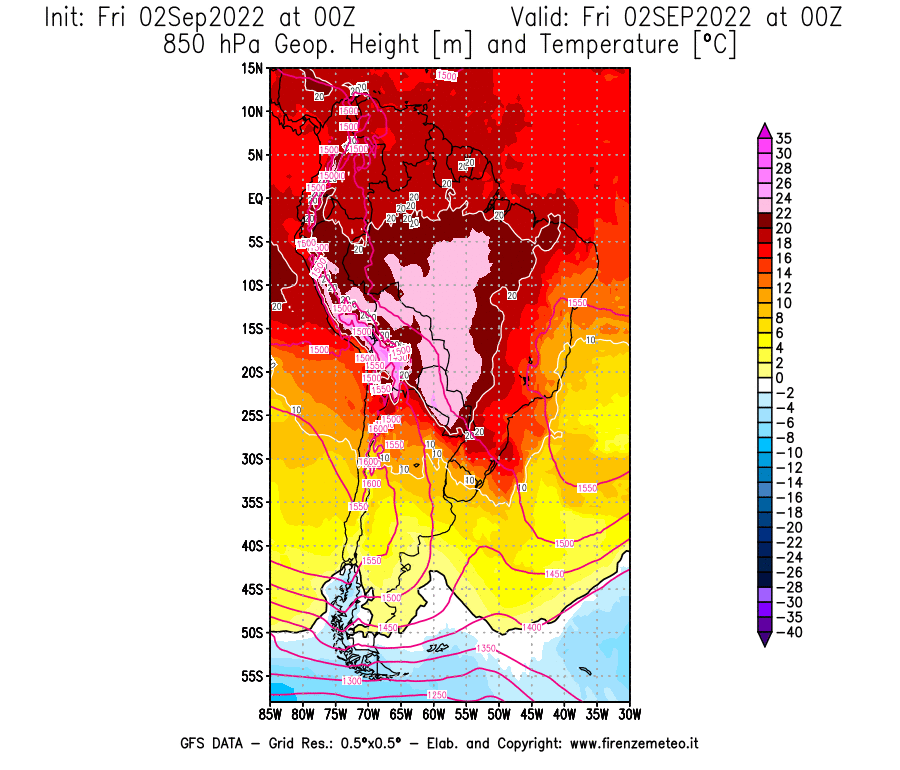 GFS analysi map - Geopotential [m] and Temperature [°C] at 850 hPa in South America
									on 02/09/2022 00 <!--googleoff: index-->UTC<!--googleon: index-->
