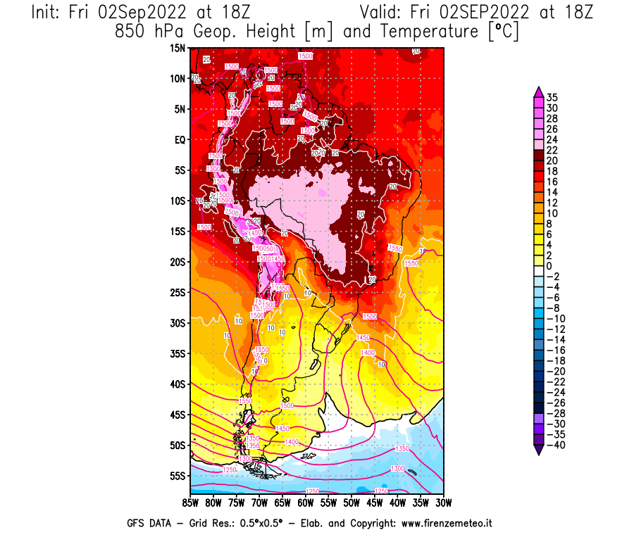 GFS analysi map - Geopotential [m] and Temperature [°C] at 850 hPa in South America
									on 02/09/2022 18 <!--googleoff: index-->UTC<!--googleon: index-->