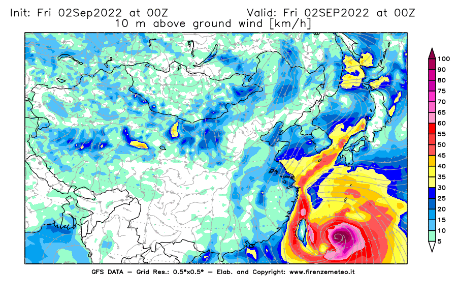 GFS analysi map - Wind Speed at 10 m above ground [km/h] in East Asia
									on 02/09/2022 00 <!--googleoff: index-->UTC<!--googleon: index-->