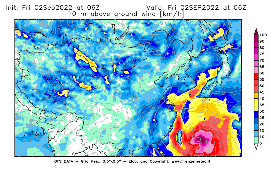 GFS analysi map - Wind Speed at 10 m above ground [km/h] in East Asia
									on 02/09/2022 06 <!--googleoff: index-->UTC<!--googleon: index-->
