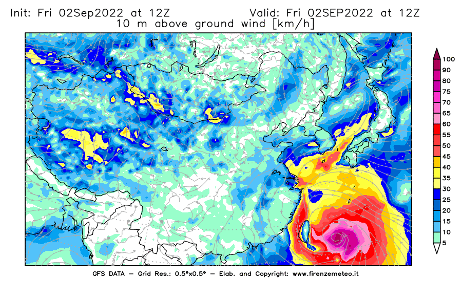 GFS analysi map - Wind Speed at 10 m above ground [km/h] in East Asia
									on 02/09/2022 12 <!--googleoff: index-->UTC<!--googleon: index-->