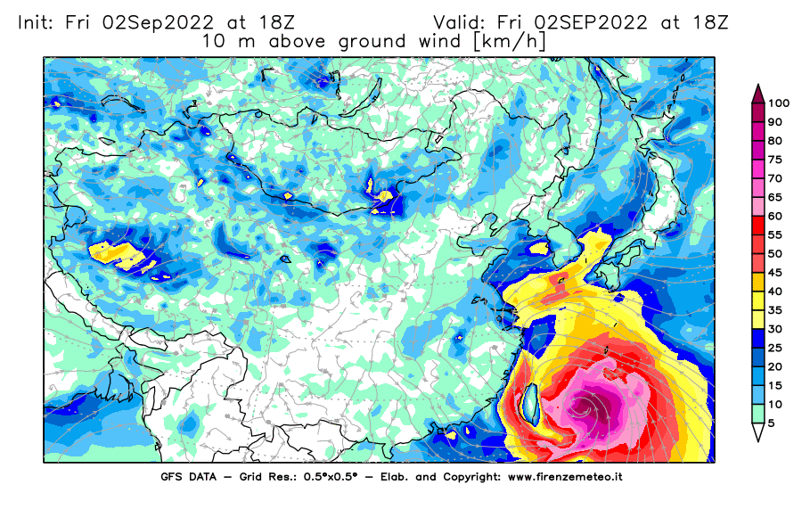GFS analysi map - Wind Speed at 10 m above ground [km/h] in East Asia
									on 02/09/2022 18 <!--googleoff: index-->UTC<!--googleon: index-->