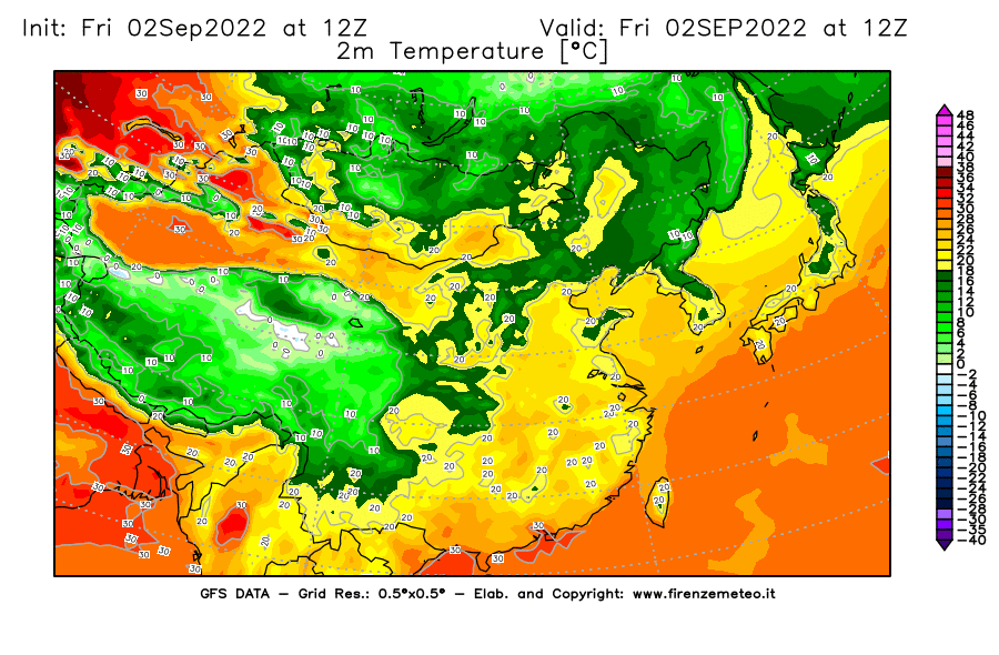 GFS analysi map - Temperature at 2 m above ground [°C] in East Asia
									on 02/09/2022 12 <!--googleoff: index-->UTC<!--googleon: index-->