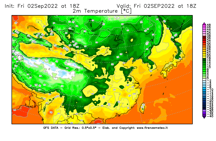 GFS analysi map - Temperature at 2 m above ground [°C] in East Asia
									on 02/09/2022 18 <!--googleoff: index-->UTC<!--googleon: index-->