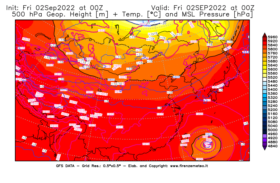 GFS analysi map - Geopotential [m] + Temp. [°C] at 500 hPa + Sea Level Pressure [hPa] in East Asia
									on 02/09/2022 00 <!--googleoff: index-->UTC<!--googleon: index-->