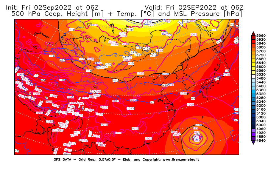 GFS analysi map - Geopotential [m] + Temp. [°C] at 500 hPa + Sea Level Pressure [hPa] in East Asia
									on 02/09/2022 06 <!--googleoff: index-->UTC<!--googleon: index-->