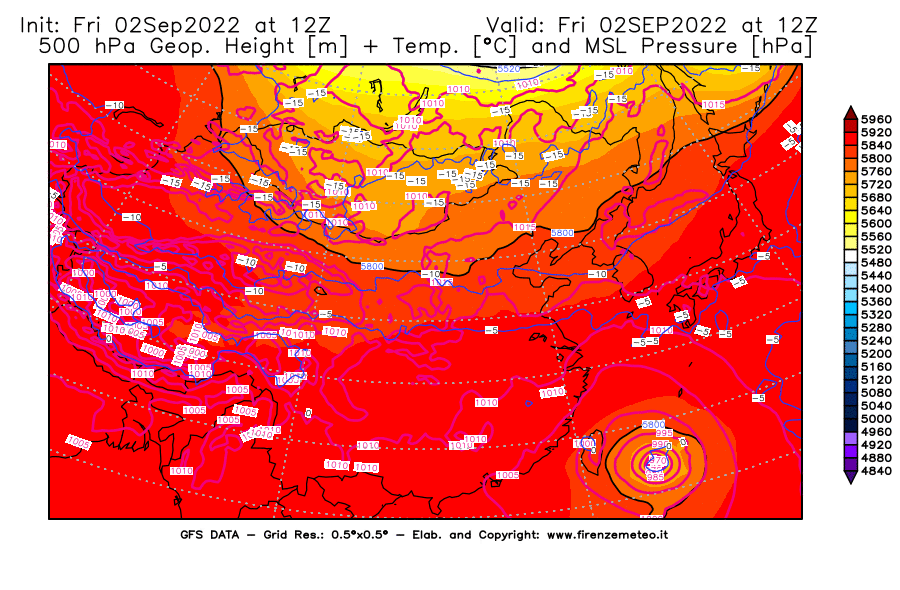 GFS analysi map - Geopotential [m] + Temp. [°C] at 500 hPa + Sea Level Pressure [hPa] in East Asia
									on 02/09/2022 12 <!--googleoff: index-->UTC<!--googleon: index-->