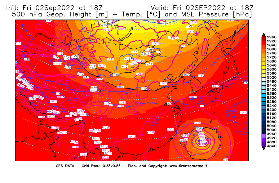 GFS analysi map - Geopotential [m] + Temp. [°C] at 500 hPa + Sea Level Pressure [hPa] in East Asia
									on 02/09/2022 18 <!--googleoff: index-->UTC<!--googleon: index-->