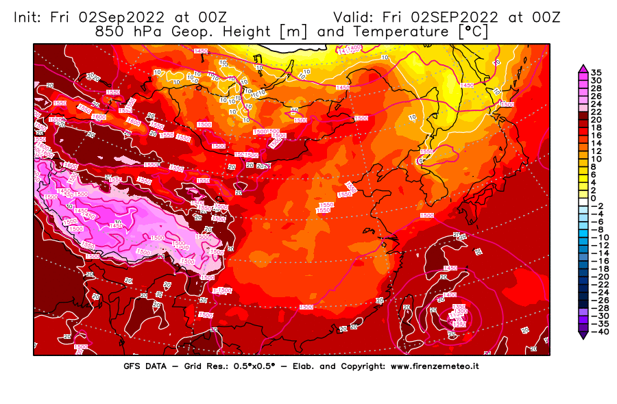 GFS analysi map - Geopotential [m] and Temperature [°C] at 850 hPa in East Asia
									on 02/09/2022 00 <!--googleoff: index-->UTC<!--googleon: index-->