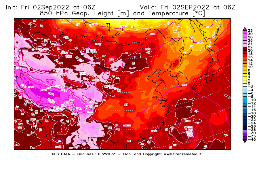 GFS analysi map - Geopotential [m] and Temperature [°C] at 850 hPa in East Asia
									on 02/09/2022 06 <!--googleoff: index-->UTC<!--googleon: index-->