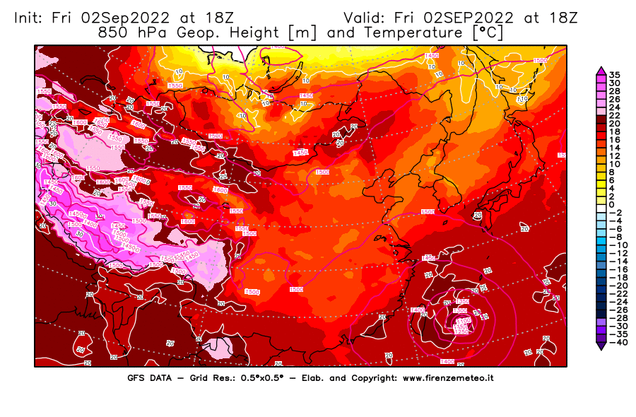 GFS analysi map - Geopotential [m] and Temperature [°C] at 850 hPa in East Asia
									on 02/09/2022 18 <!--googleoff: index-->UTC<!--googleon: index-->