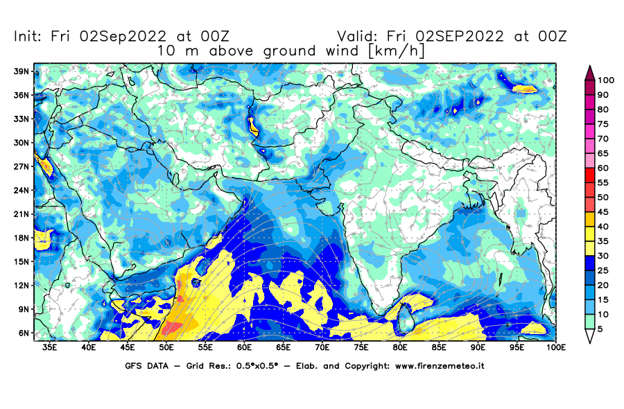 GFS analysi map - Wind Speed at 10 m above ground [km/h] in South West Asia 
									on 02/09/2022 00 <!--googleoff: index-->UTC<!--googleon: index-->
