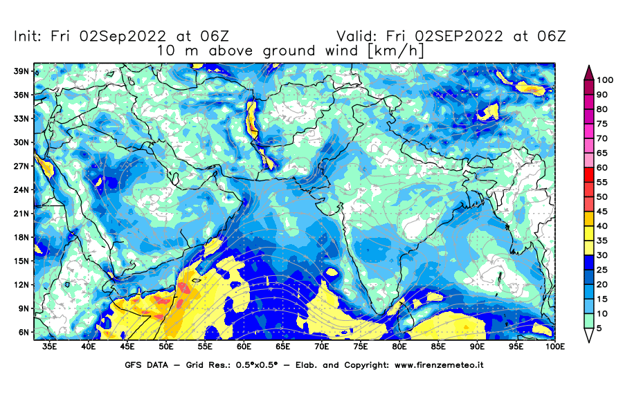 GFS analysi map - Wind Speed at 10 m above ground [km/h] in South West Asia 
									on 02/09/2022 06 <!--googleoff: index-->UTC<!--googleon: index-->