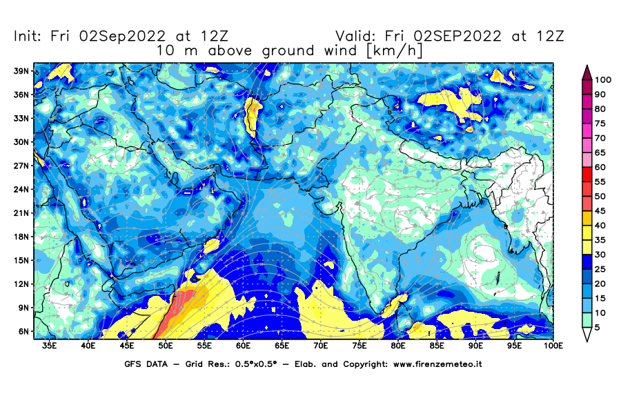 GFS analysi map - Wind Speed at 10 m above ground [km/h] in South West Asia 
									on 02/09/2022 12 <!--googleoff: index-->UTC<!--googleon: index-->