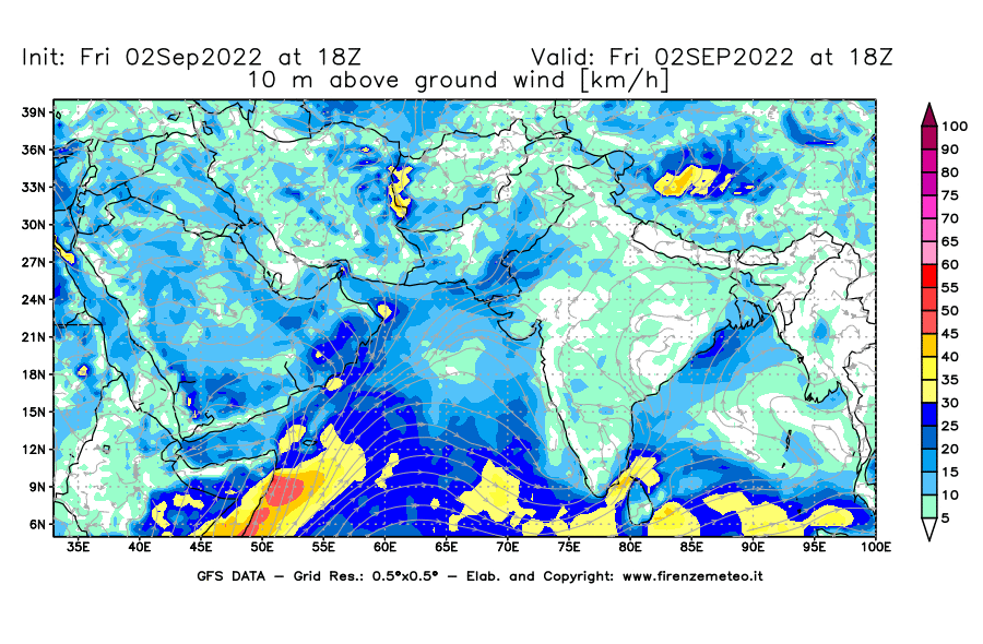 GFS analysi map - Wind Speed at 10 m above ground [km/h] in South West Asia 
									on 02/09/2022 18 <!--googleoff: index-->UTC<!--googleon: index-->