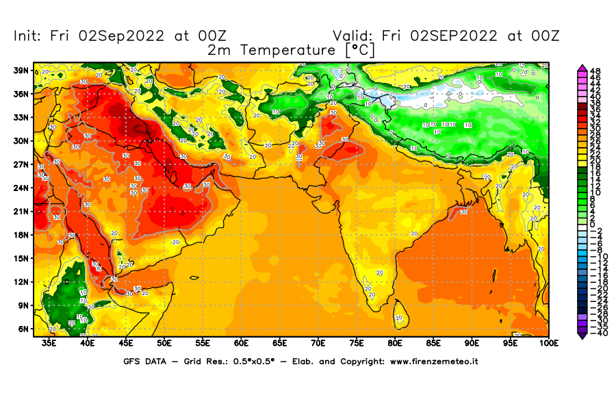 GFS analysi map - Temperature at 2 m above ground [°C] in South West Asia 
									on 02/09/2022 00 <!--googleoff: index-->UTC<!--googleon: index-->