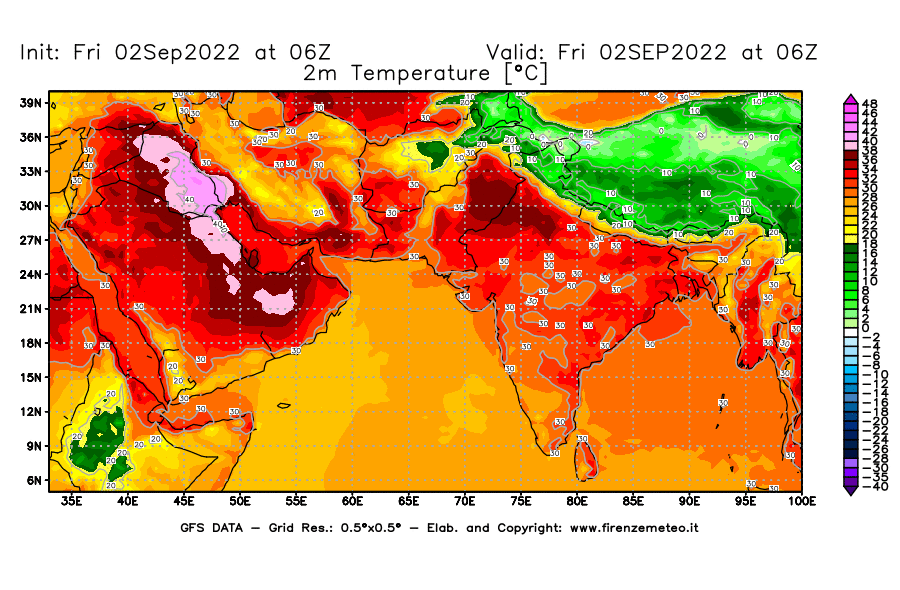 GFS analysi map - Temperature at 2 m above ground [°C] in South West Asia 
									on 02/09/2022 06 <!--googleoff: index-->UTC<!--googleon: index-->