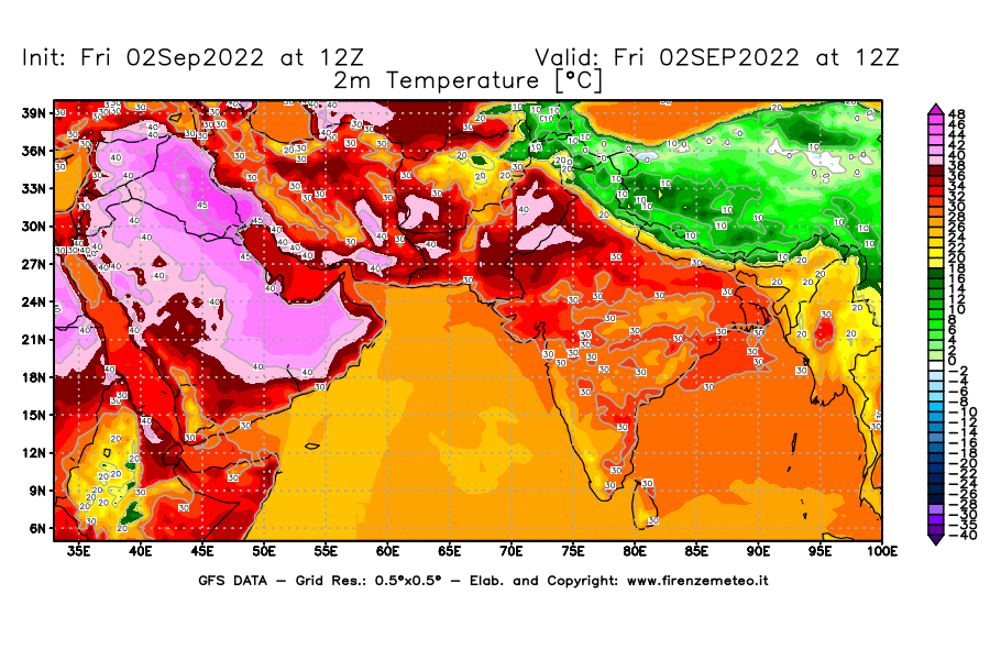 GFS analysi map - Temperature at 2 m above ground [°C] in South West Asia 
									on 02/09/2022 12 <!--googleoff: index-->UTC<!--googleon: index-->