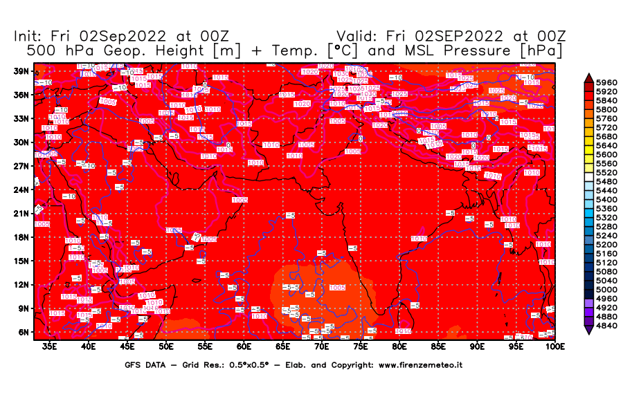 GFS analysi map - Geopotential [m] + Temp. [°C] at 500 hPa + Sea Level Pressure [hPa] in South West Asia 
									on 02/09/2022 00 <!--googleoff: index-->UTC<!--googleon: index-->