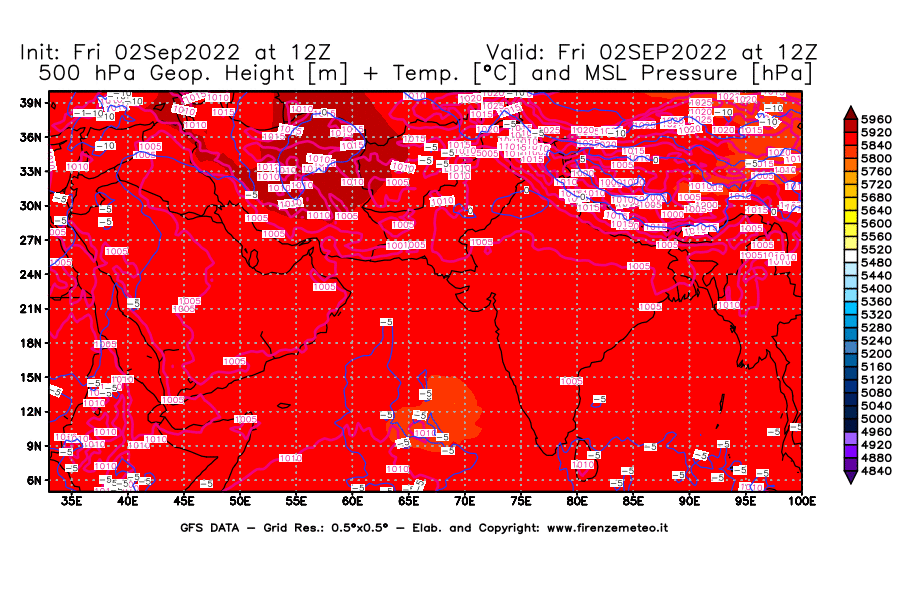 GFS analysi map - Geopotential [m] + Temp. [°C] at 500 hPa + Sea Level Pressure [hPa] in South West Asia 
									on 02/09/2022 12 <!--googleoff: index-->UTC<!--googleon: index-->