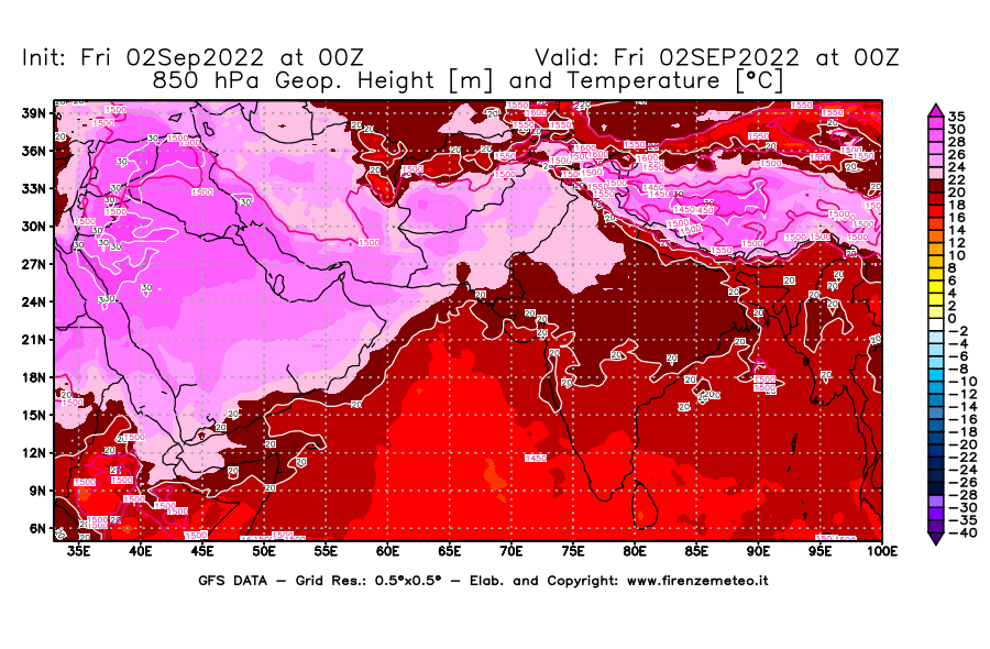 GFS analysi map - Geopotential [m] and Temperature [°C] at 850 hPa in South West Asia 
									on 02/09/2022 00 <!--googleoff: index-->UTC<!--googleon: index-->