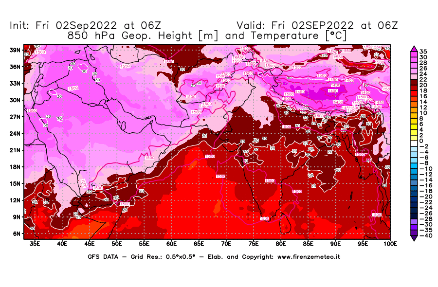 GFS analysi map - Geopotential [m] and Temperature [°C] at 850 hPa in South West Asia 
									on 02/09/2022 06 <!--googleoff: index-->UTC<!--googleon: index-->