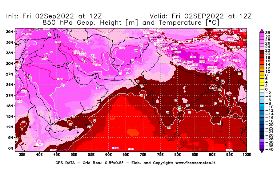 GFS analysi map - Geopotential [m] and Temperature [°C] at 850 hPa in South West Asia 
									on 02/09/2022 12 <!--googleoff: index-->UTC<!--googleon: index-->