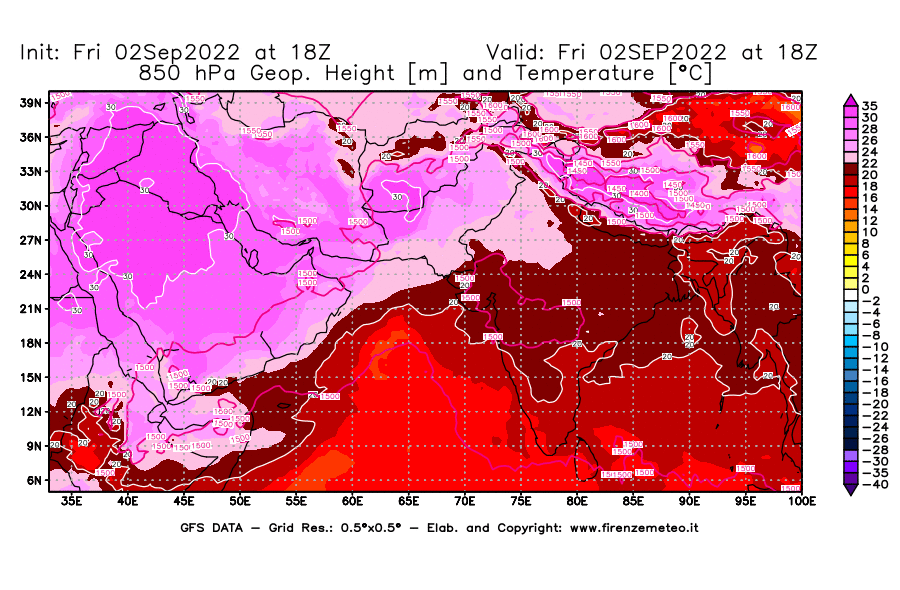 GFS analysi map - Geopotential [m] and Temperature [°C] at 850 hPa in South West Asia 
									on 02/09/2022 18 <!--googleoff: index-->UTC<!--googleon: index-->